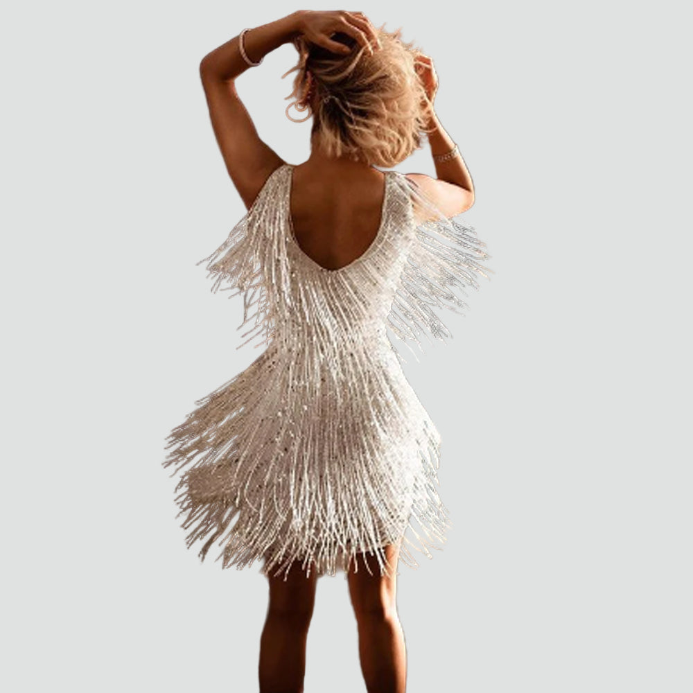 Sukienka imprezowa mini z cekinami i frędzlami damska