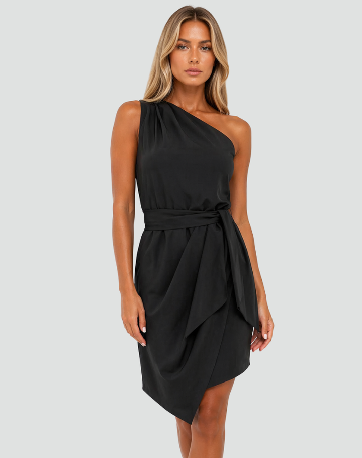 Asymmetrical women's elegant one-shoulder dress with tie detail