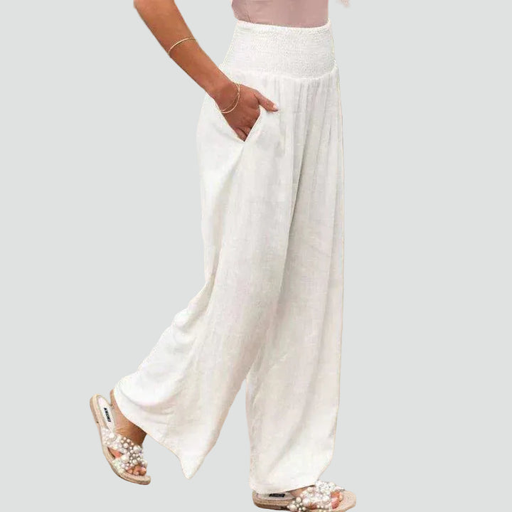 Summer pants with wide legs and a gathered waist