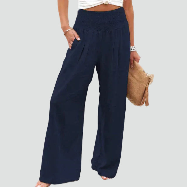 Summer pants with wide legs and a gathered waist