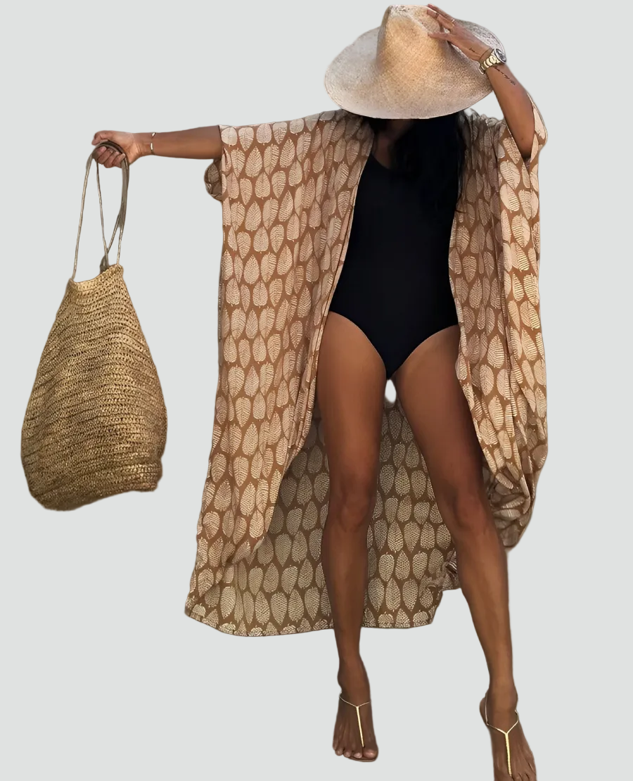 Strandkimono boho maxi met patroon, met taillekoord, losvallend