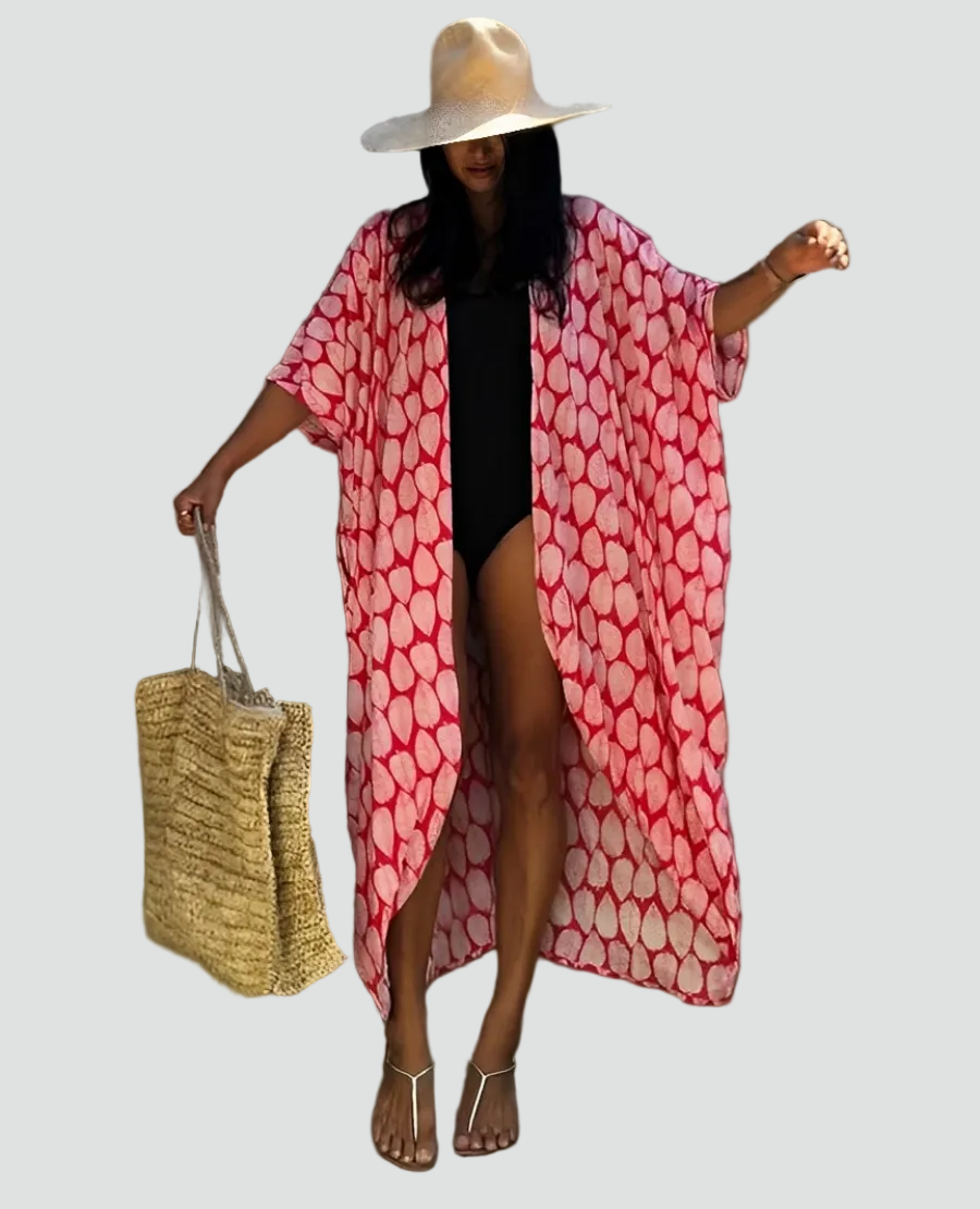 Strandkimono boho maxi met patroon, met taillekoord, losvallend