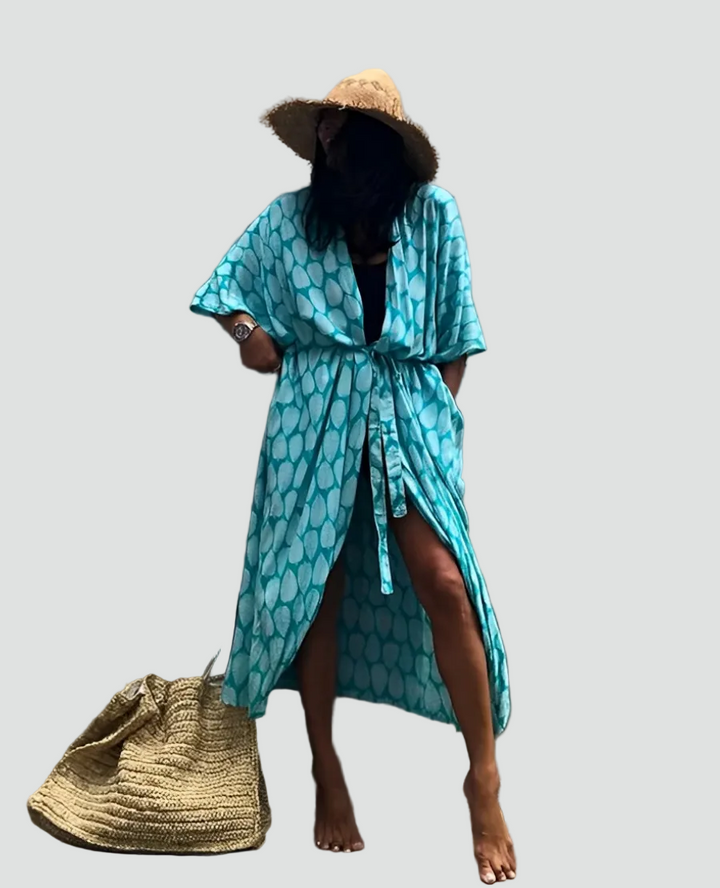 Strandkimono boho maxi met patroon, met taillekoord, losvallend