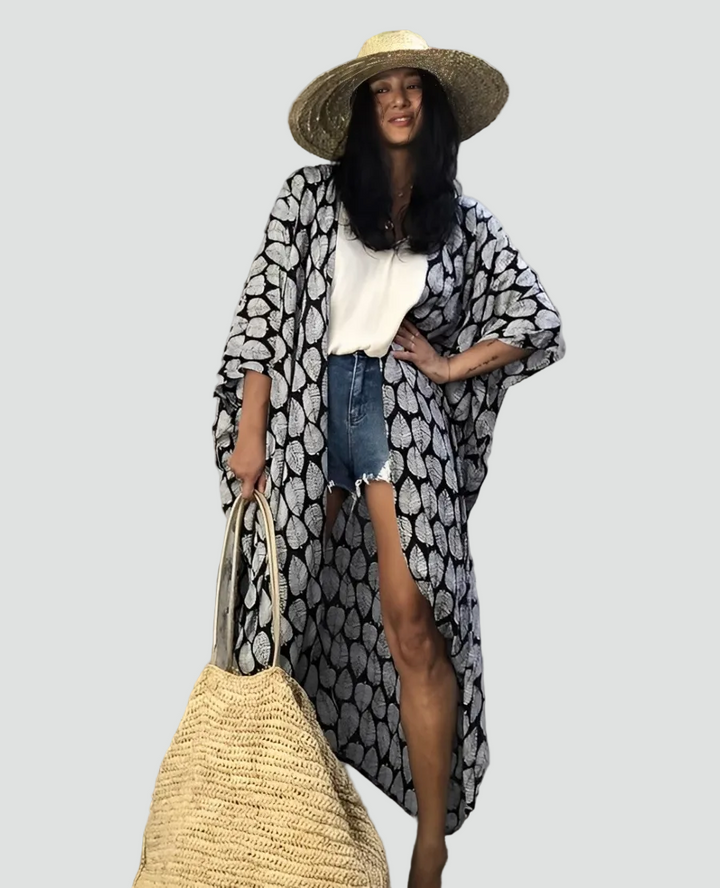 Strandkimono boho maxi met patroon, met taillekoord, losvallend