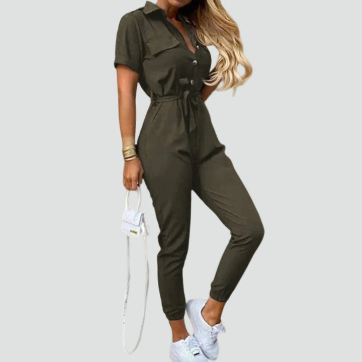 Women's summer jumpsuit with short sleeves and a tie
