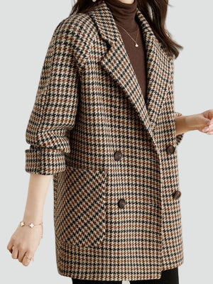 Elegancki płaszcz wełniany w kratę damski oversize