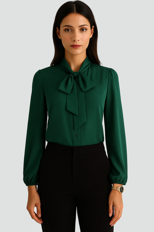 Bluzka szyfonowa z kokardą przy szyi i długim rękawem elegancka