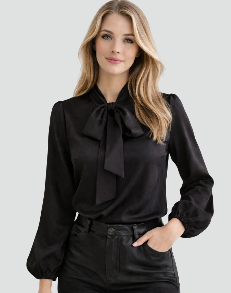 Bluzka szyfonowa z kokardą przy szyi i długim rękawem elegancka