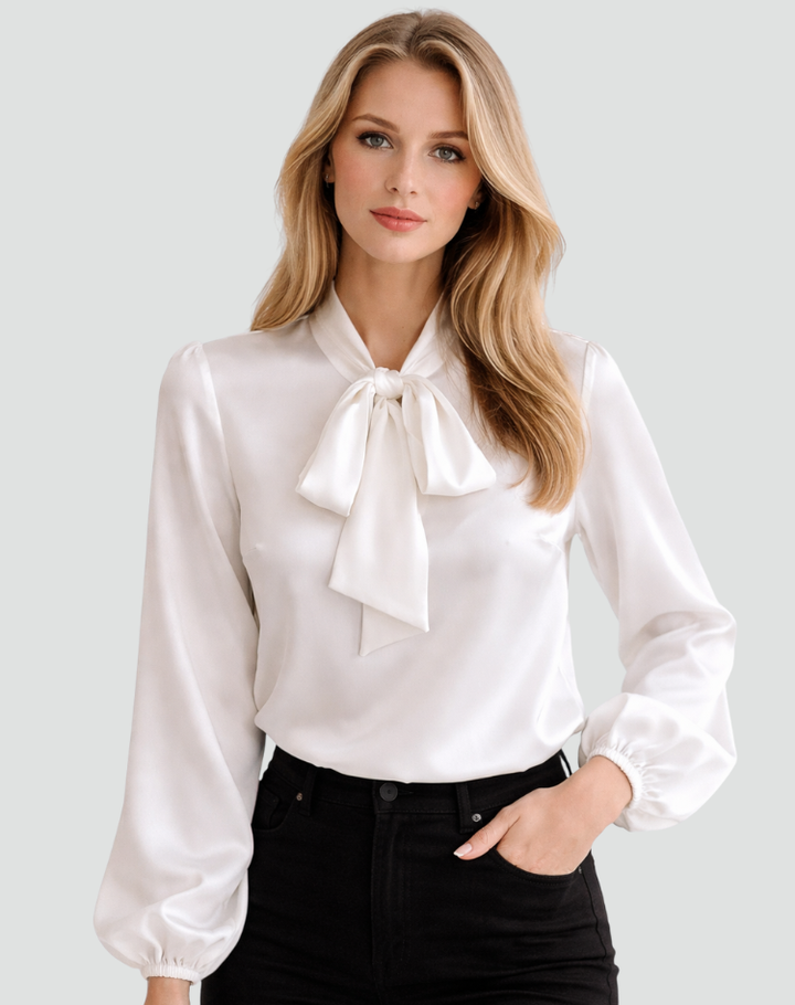 Bluzka szyfonowa z kokardą przy szyi i długim rękawem elegancka