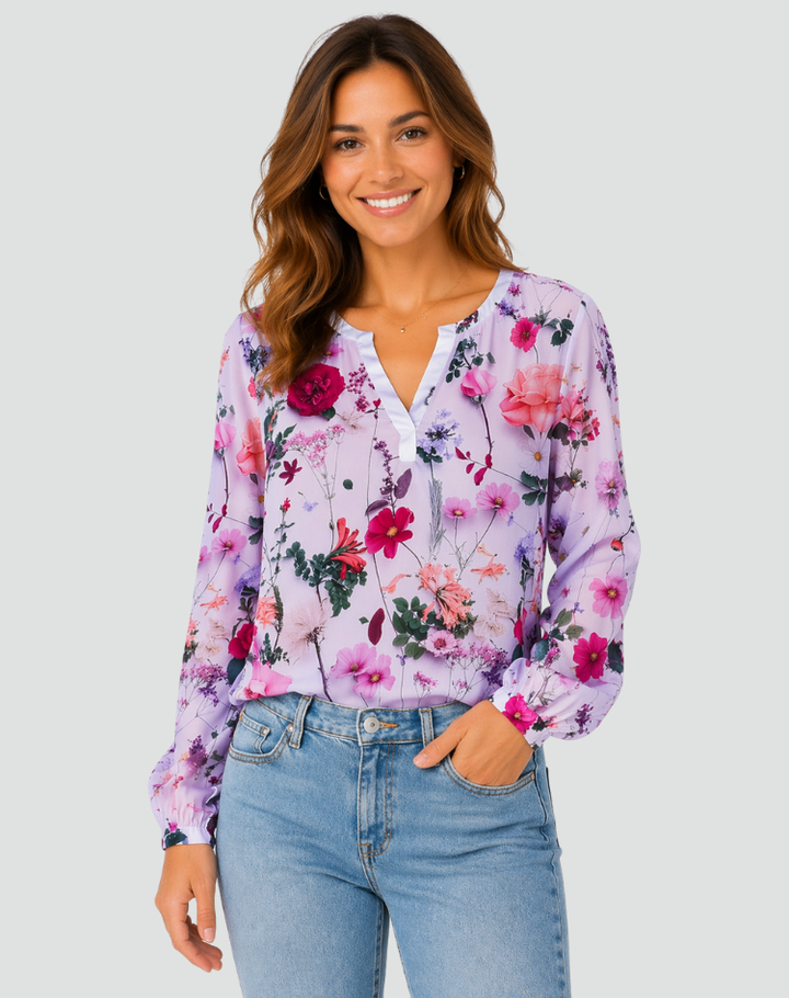 Floral blouse with long sleeves and V-neckline