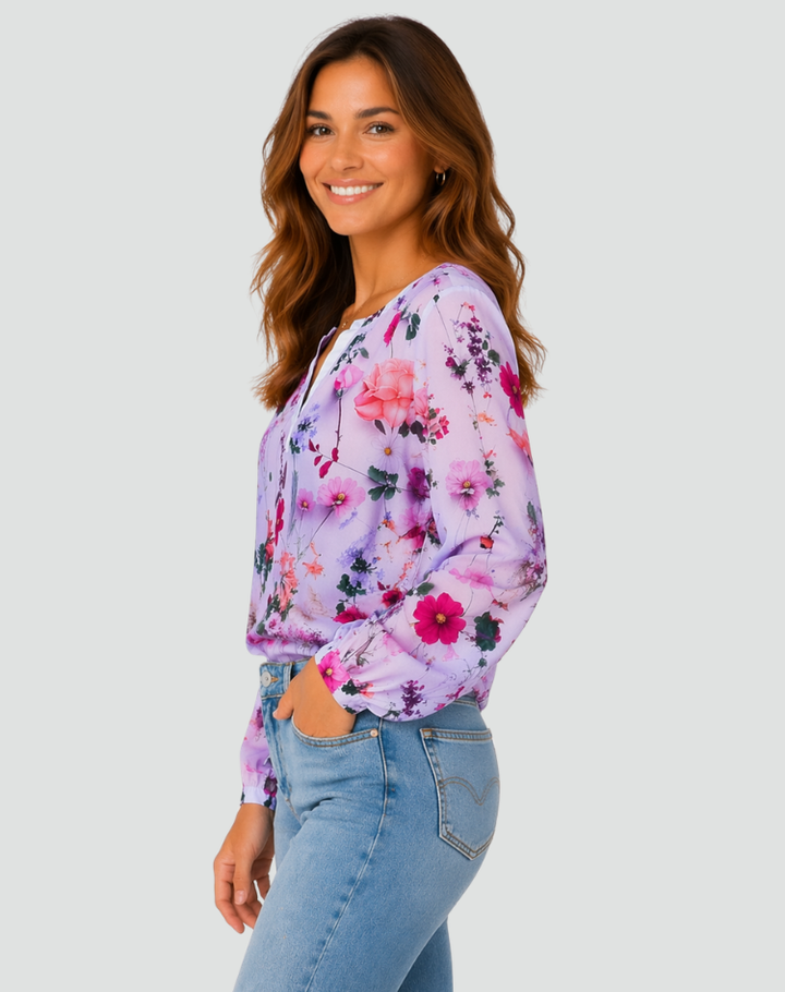 Floral blouse with long sleeves and V-neckline