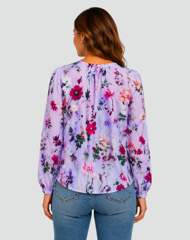 Floral blouse with long sleeves and V-neckline