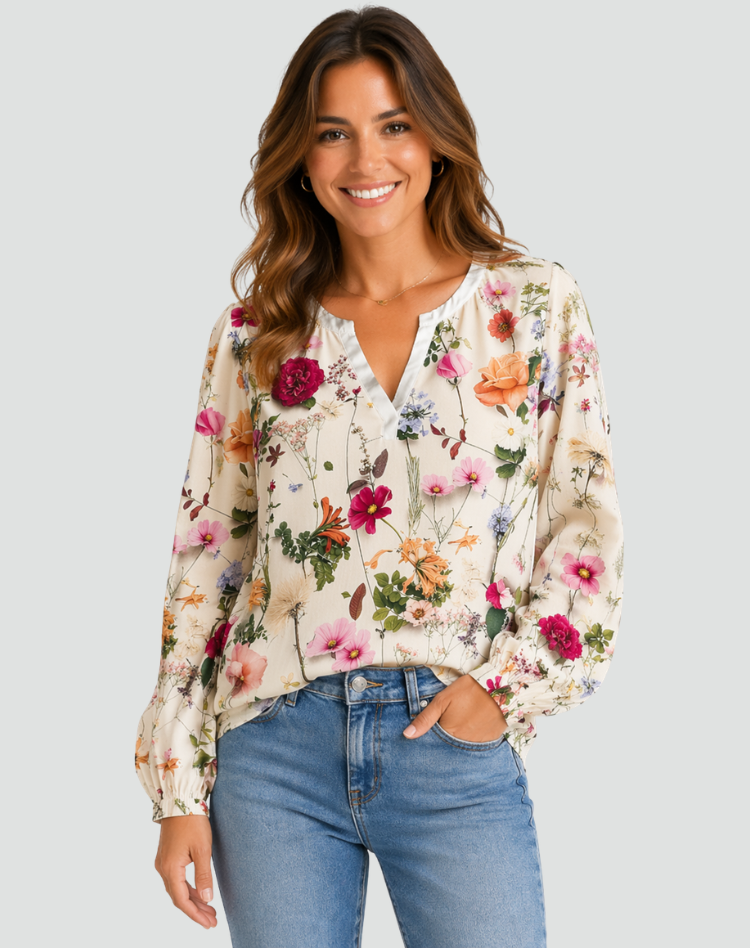 Floral blouse with long sleeves and V-neckline