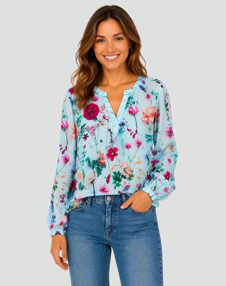 Floral blouse with long sleeves and V-neckline