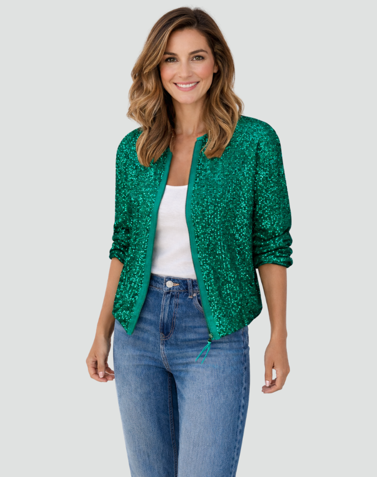 Shiny sequin bomber jacket with zipper in party style