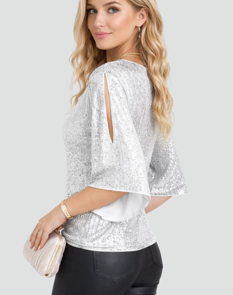 Błyszcząca kopertowa bluzka damska z rozcięciem rękawa