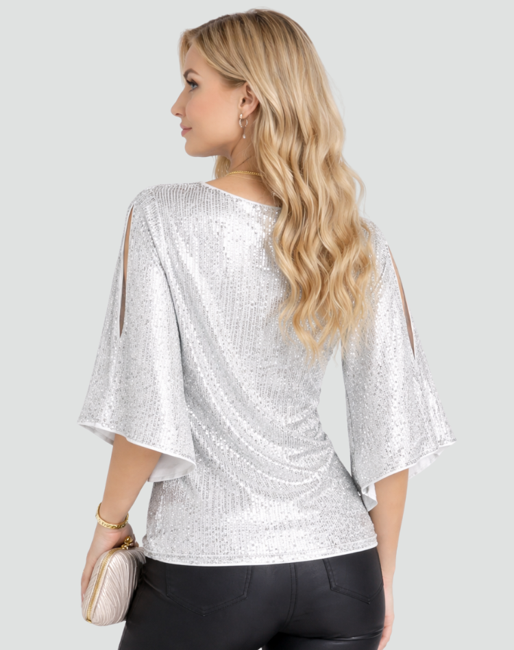 Błyszcząca kopertowa bluzka damska z rozcięciem rękawa