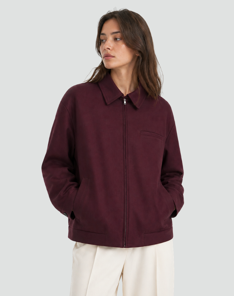 Women's bomber jacket with collar, zipper, and pockets