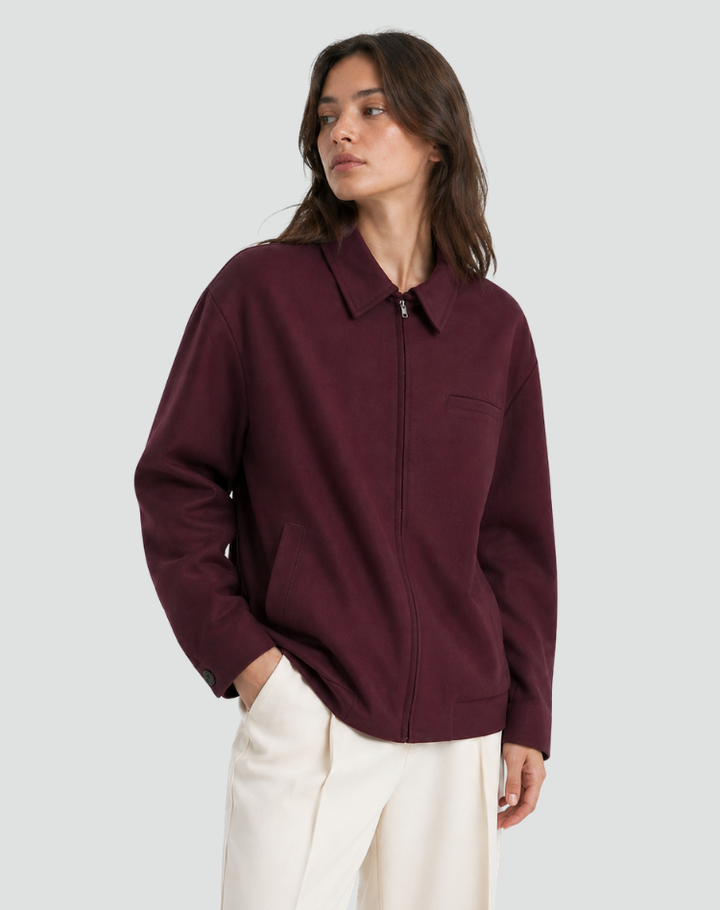Women's bomber jacket with collar, zipper, and pockets