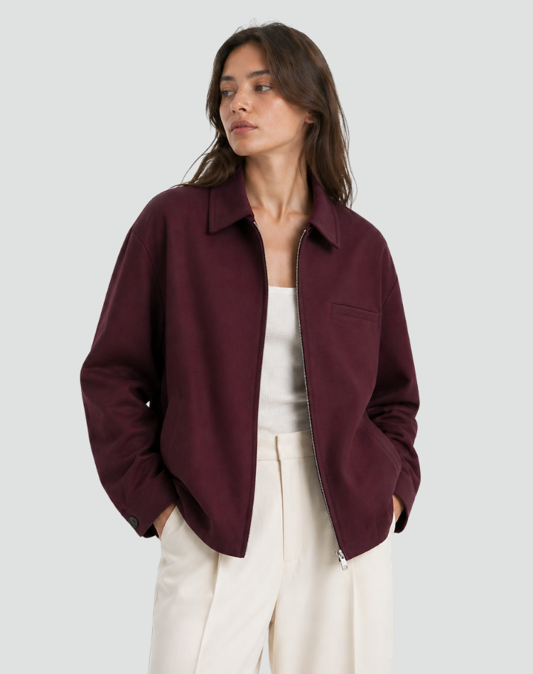 Women's bomber jacket with collar, zipper, and pockets