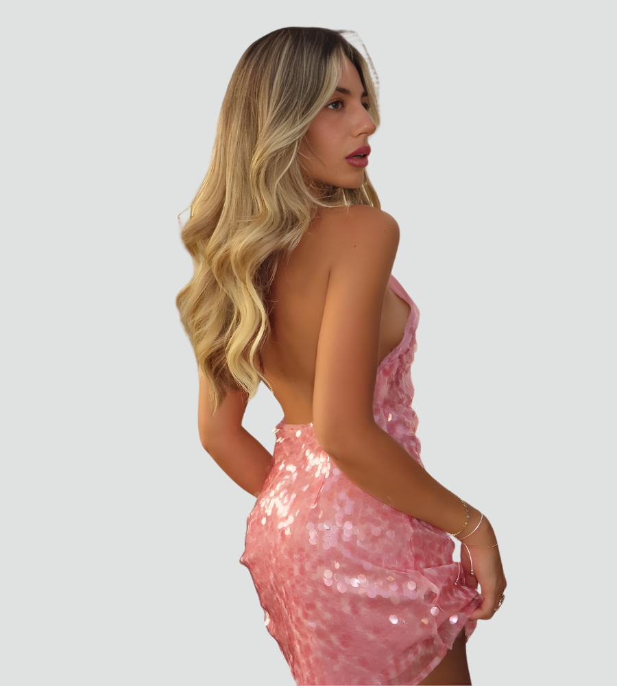 Brokatowa imprezowa sukienka mini z odkrytymi plecami