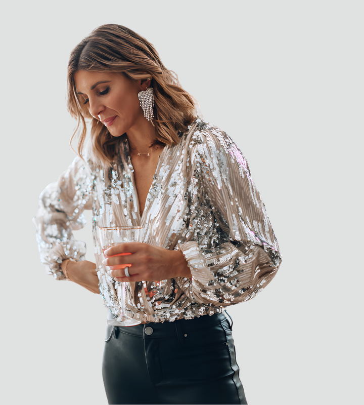 Brokatowa kopertowa bluzka damska wieczorowa