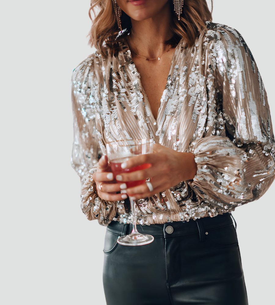 Brokatowa kopertowa bluzka damska wieczorowa