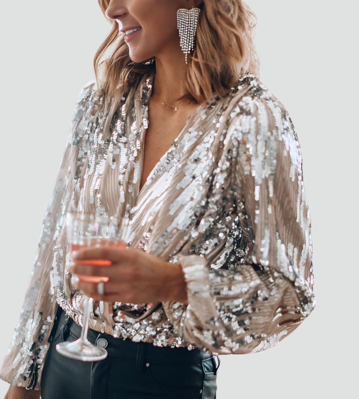 Brokatowa kopertowa bluzka damska wieczorowa
