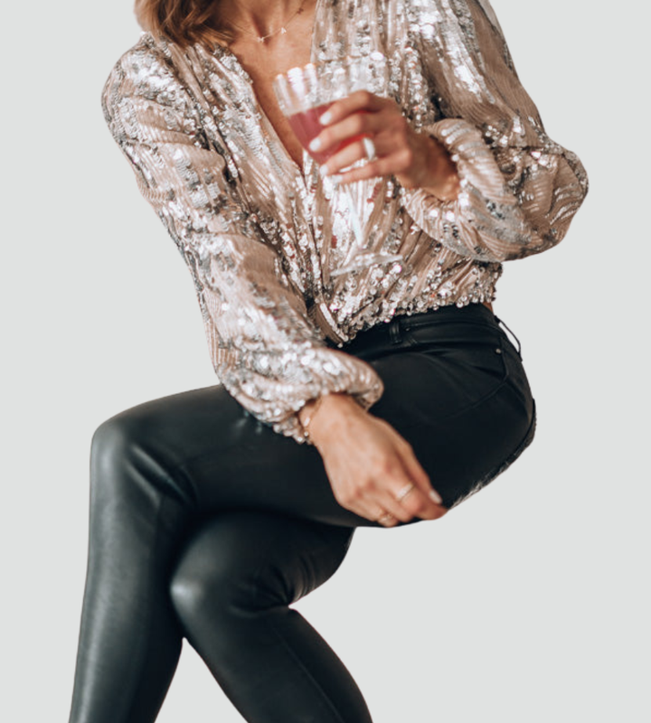 Brokatowa kopertowa bluzka damska wieczorowa