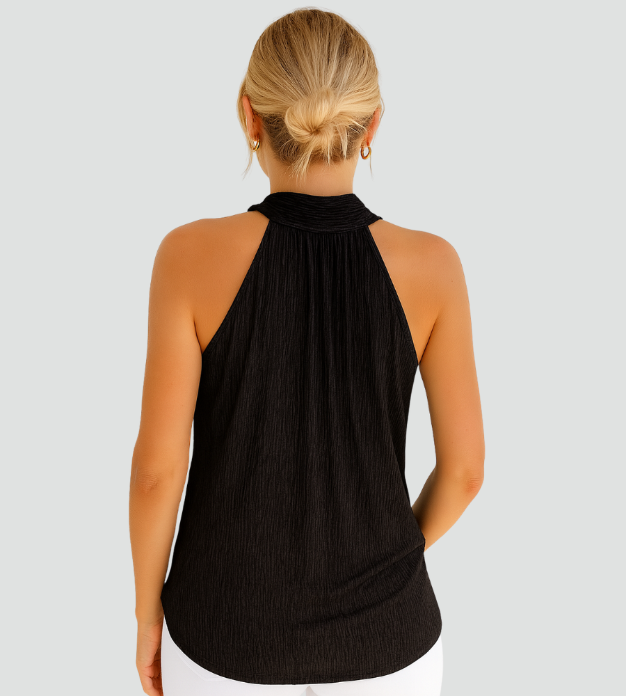 Brokatowy top damski imprezowy bez rękawów z golfem