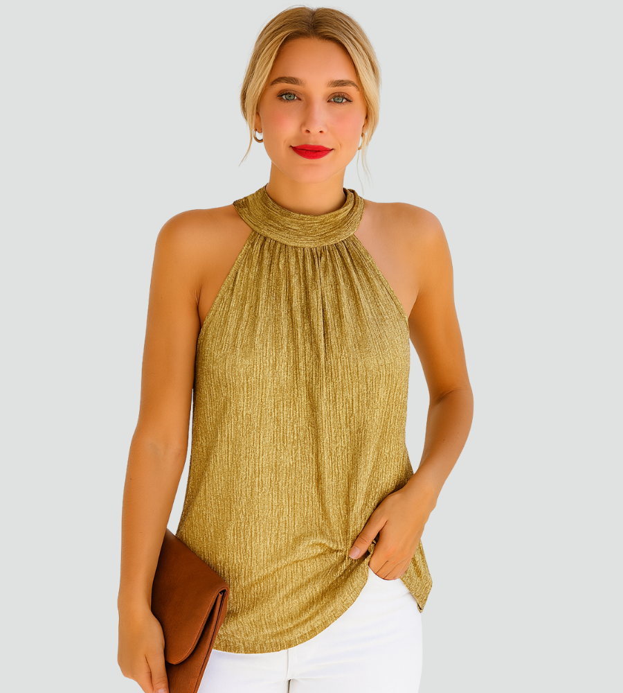 Brokatowy top damski imprezowy bez rękawów z golfem