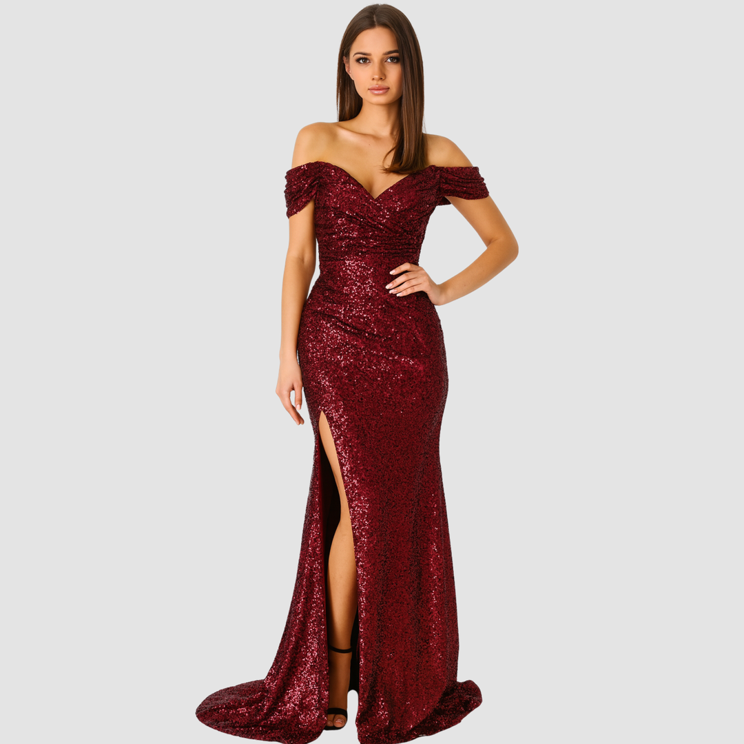 Cekinowa damska sukienka koktajlowa maxi z rozcięciem