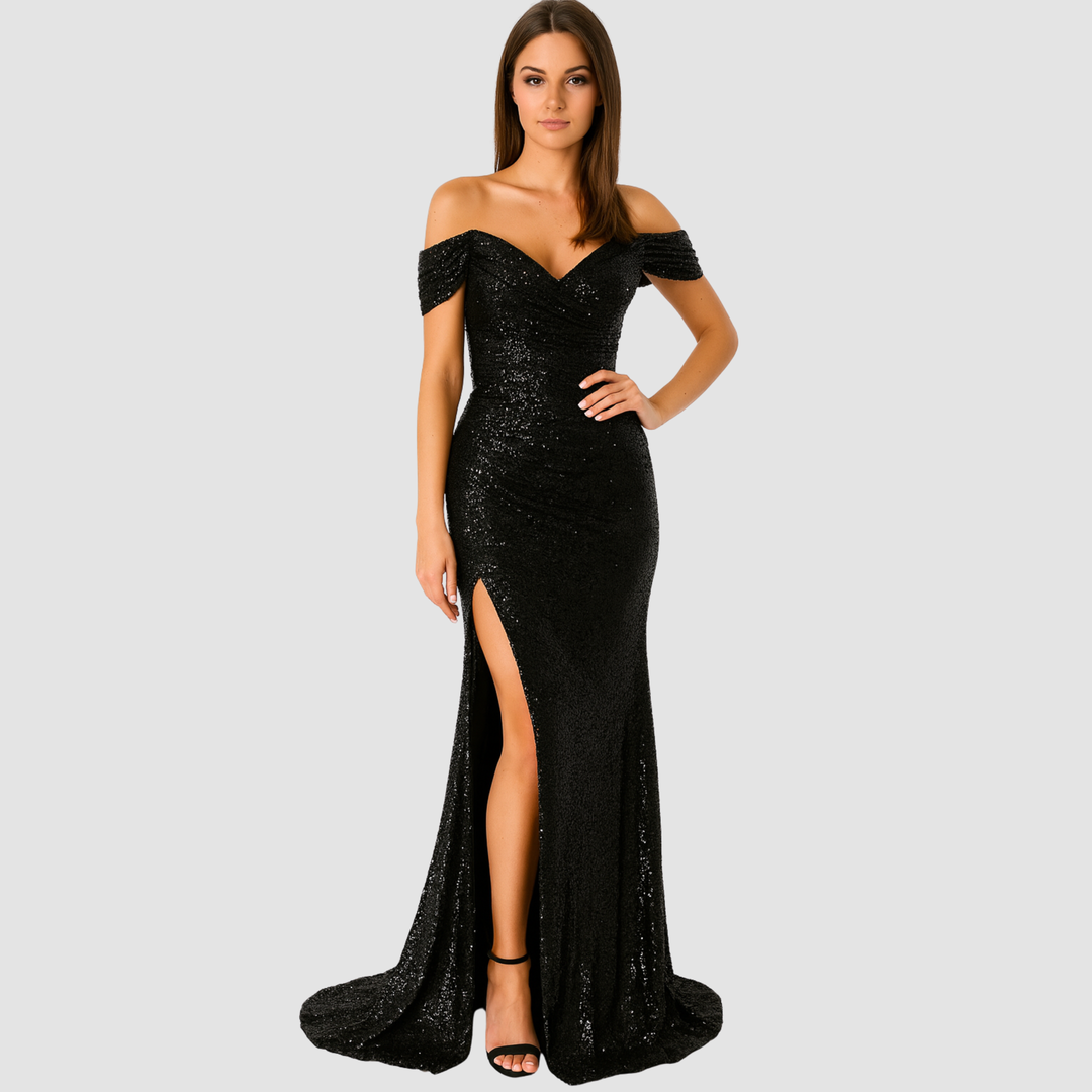 Cekinowa damska sukienka koktajlowa maxi z rozcięciem