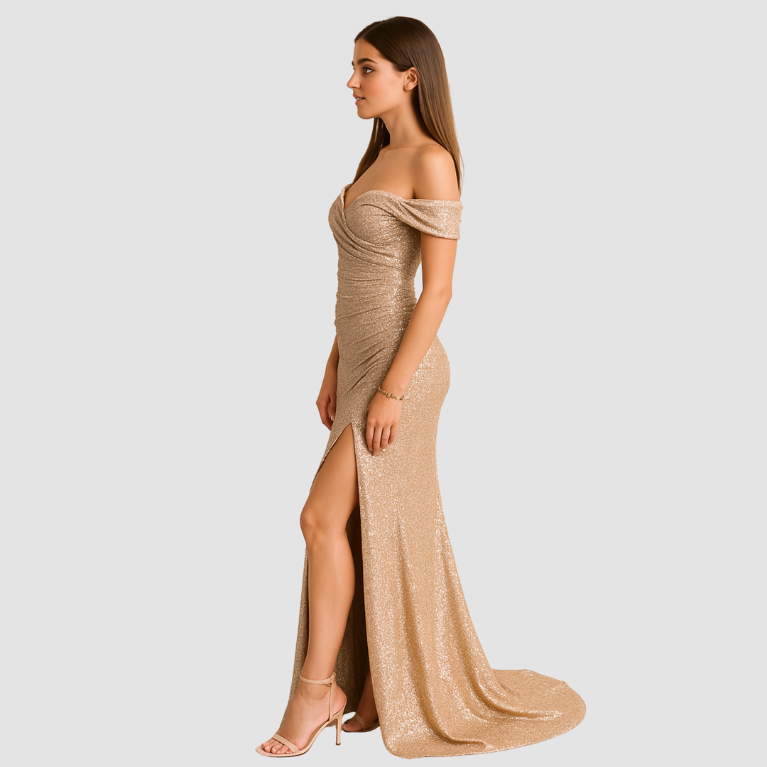 Cekinowa damska sukienka koktajlowa maxi z rozcięciem