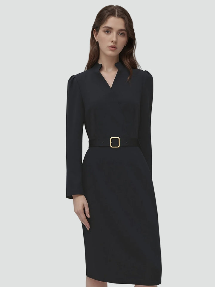 Elegant midi cocktail dress with belt and 3/4 sleeve for the office