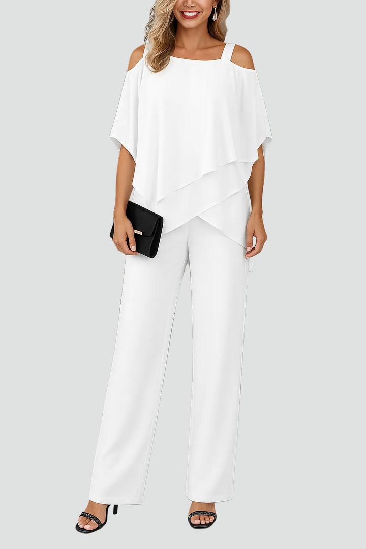 Damski stylowy dwuczęściowy zestaw z odkrytymi ramionami i szerokimi spodniami