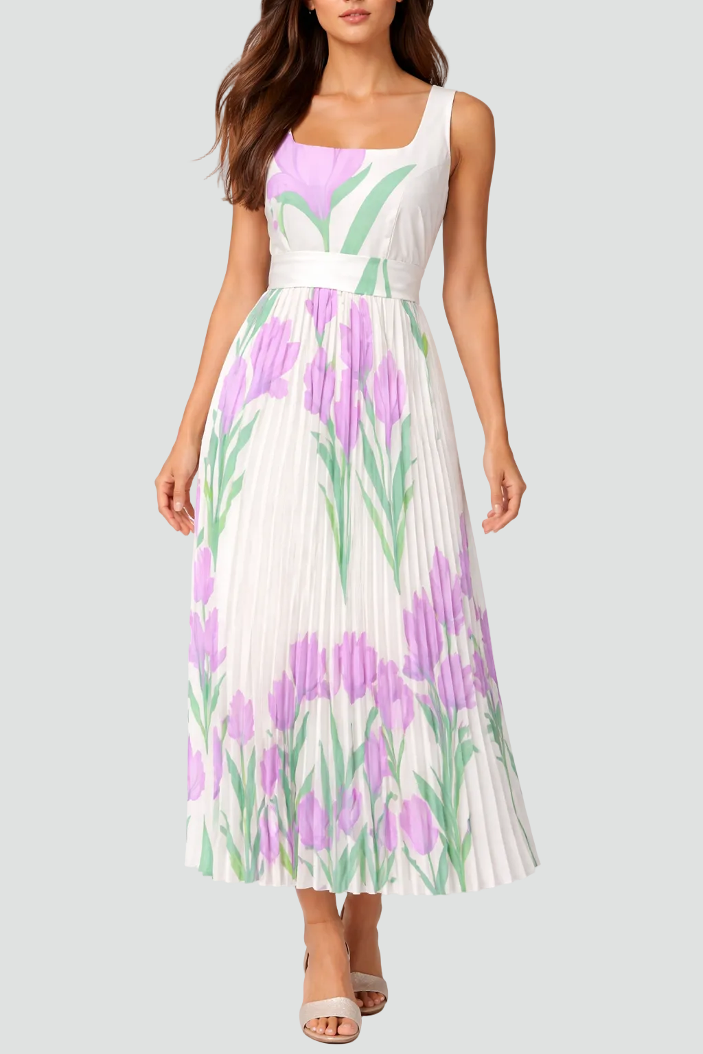 Plisowana sukienka maxi bez rękawów na wesele w kwiaty z dekoltem kwadratowym