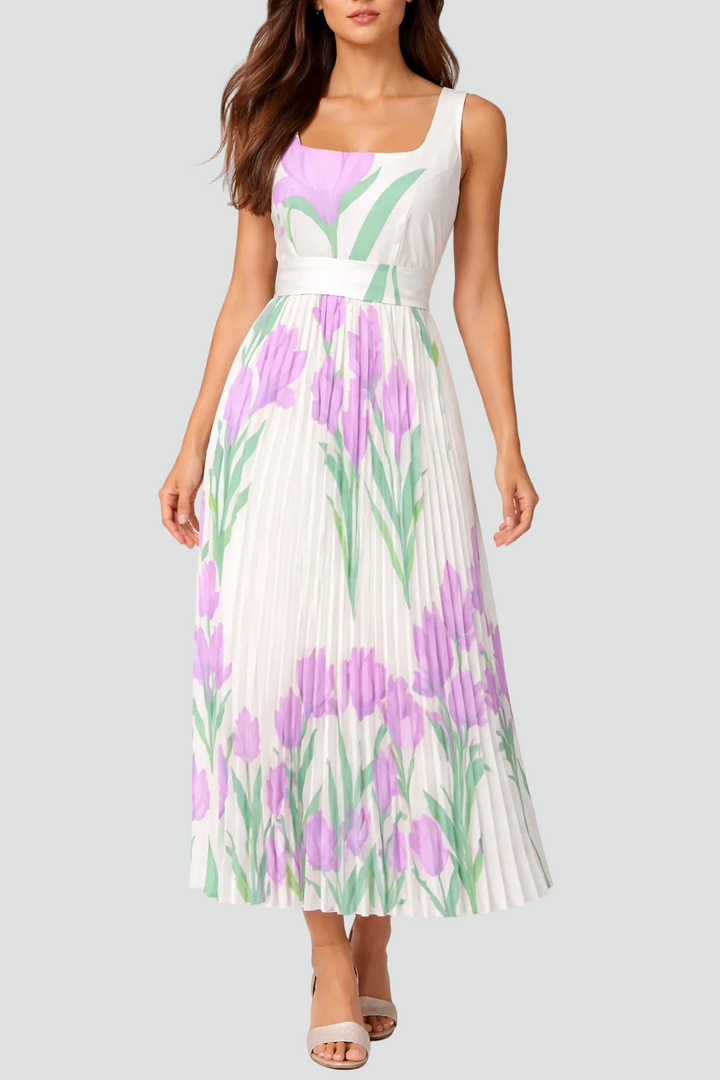 Plisowana sukienka maxi bez rękawów na wesele w kwiaty z dekoltem kwadratowym