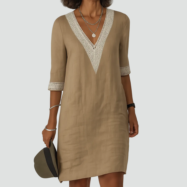 Zomerse midi-jurk boho met V-hals en kanten afwerking