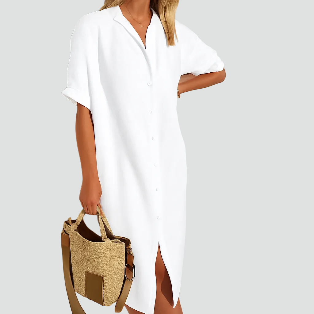 Oversized midi shirt dress for summer with short sleeves and buttons – Klara Mody