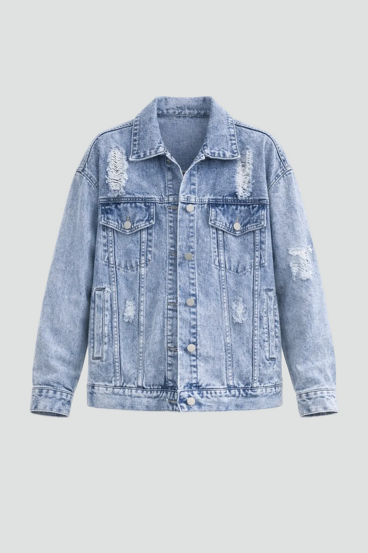Oversized women's denim jacket with distressing for everyday wear