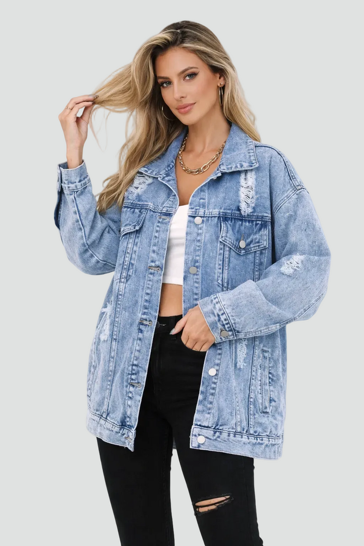 Oversized women's denim jacket with distressing for everyday wear