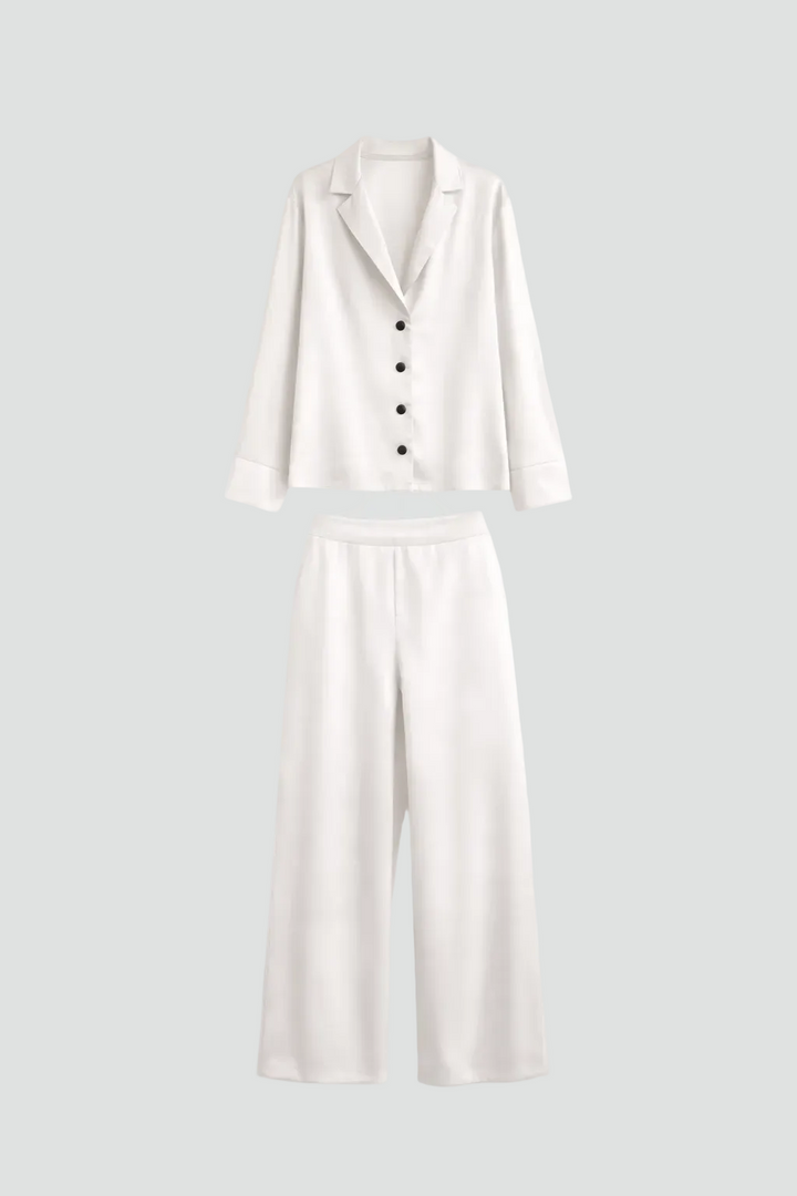 Women's satin-look pajama set with button-up shirt and pants