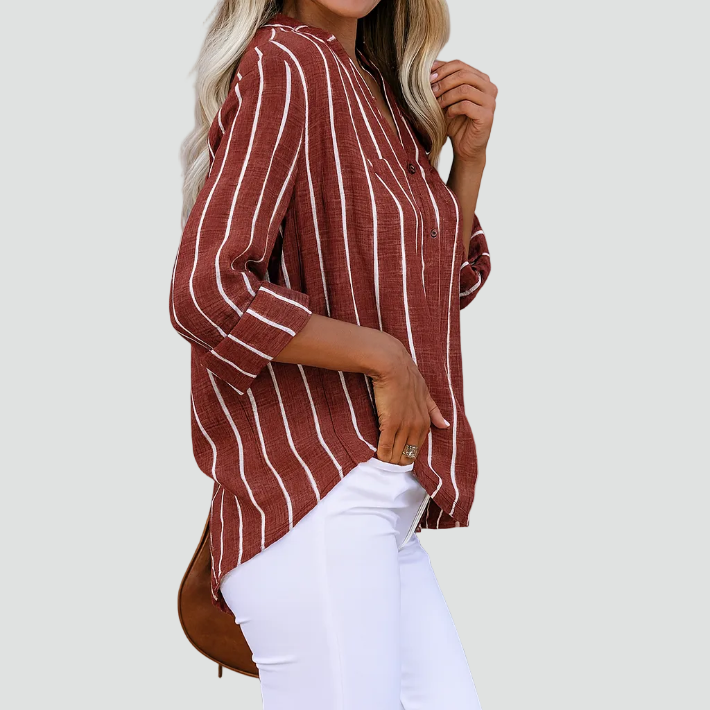 Women's striped shirt blouse with long sleeves and V-neck