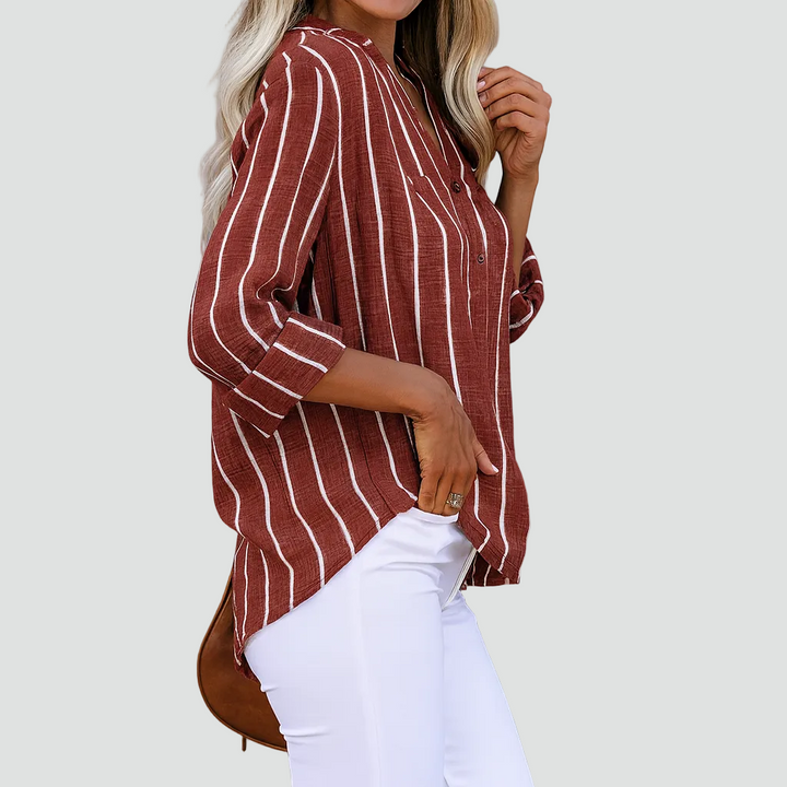 Women's striped shirt blouse with long sleeves and V-neck