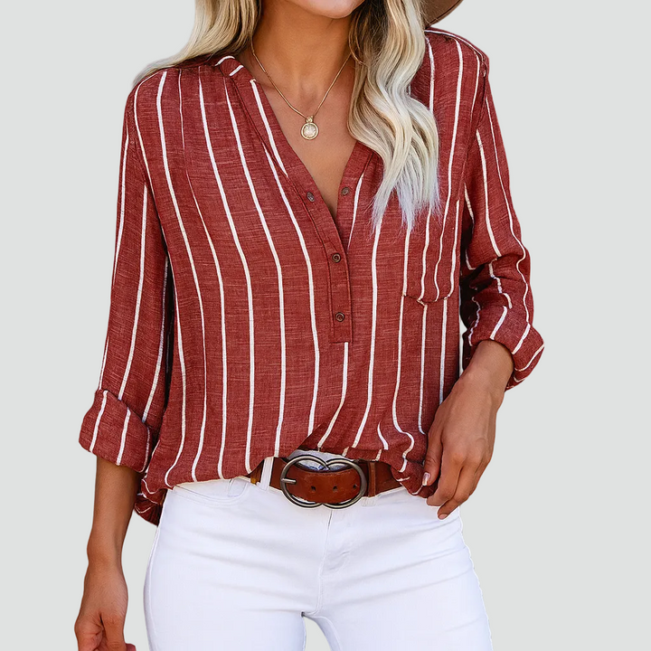 Women's striped shirt blouse with long sleeves and V-neck