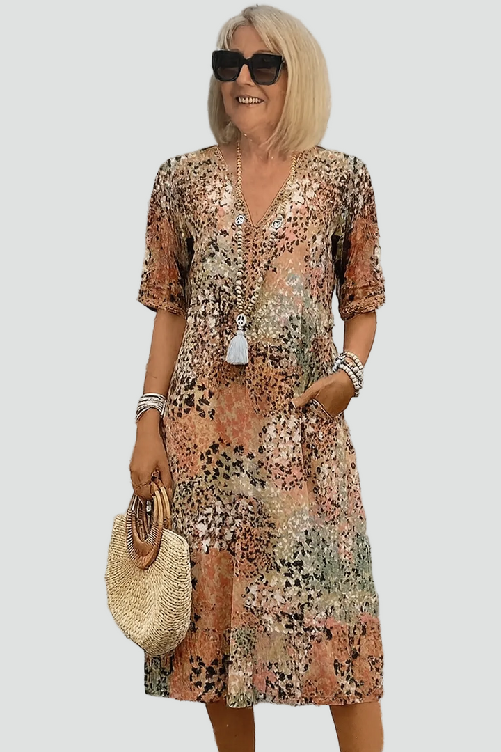 Dames midi-jurk bohemien losvallend met V-hals voor de zomer