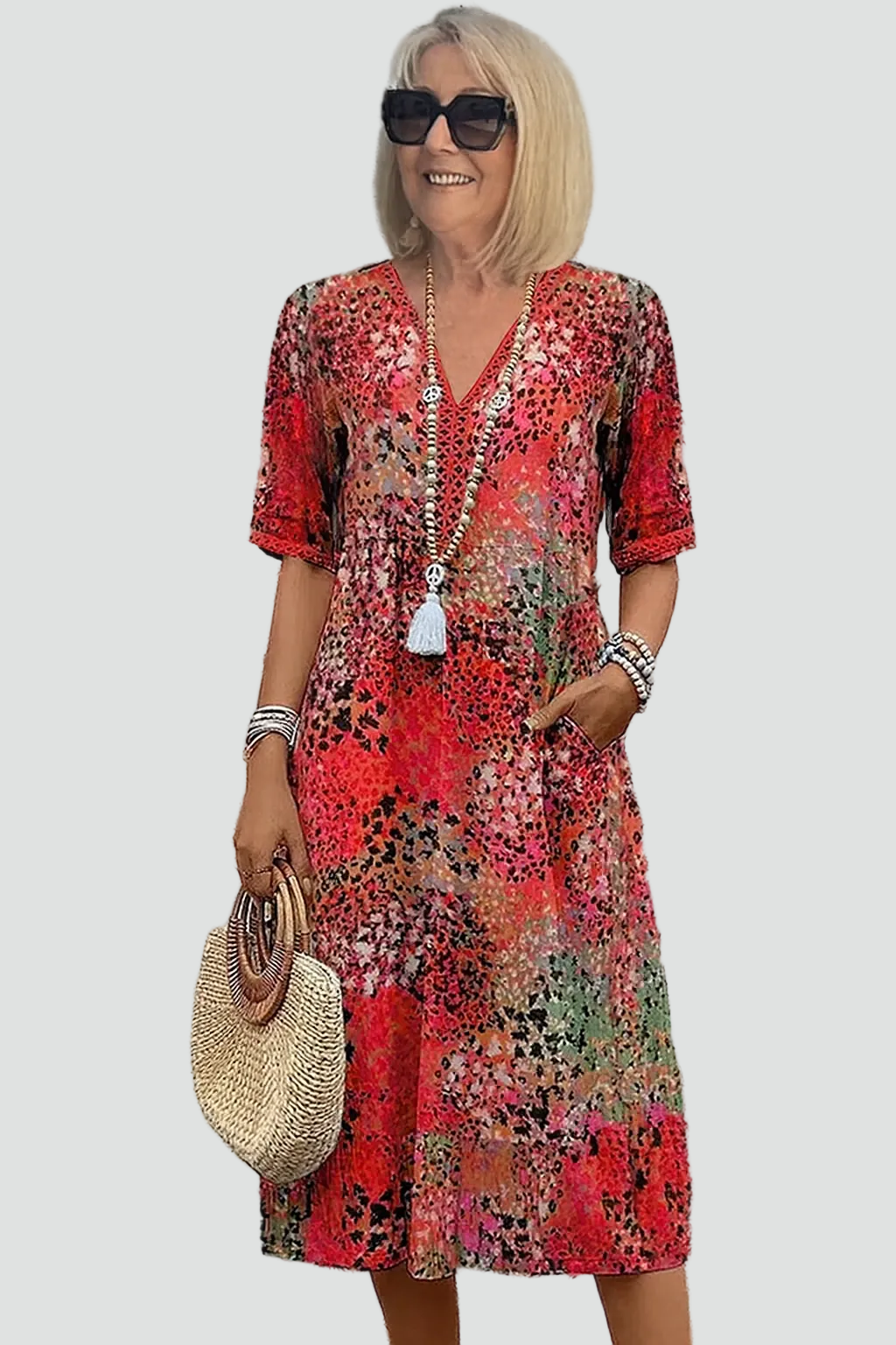 Dames midi-jurk bohemien losvallend met V-hals voor de zomer