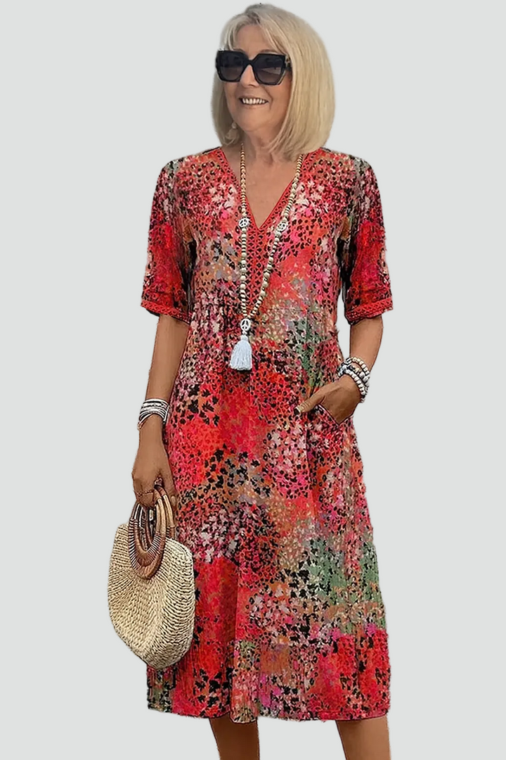 Dames midi-jurk bohemien losvallend met V-hals voor de zomer