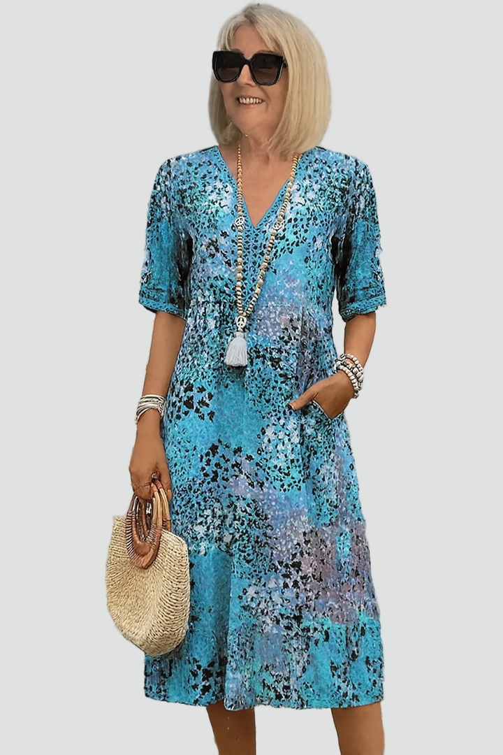 Dames midi-jurk bohemien losvallend met V-hals voor de zomer